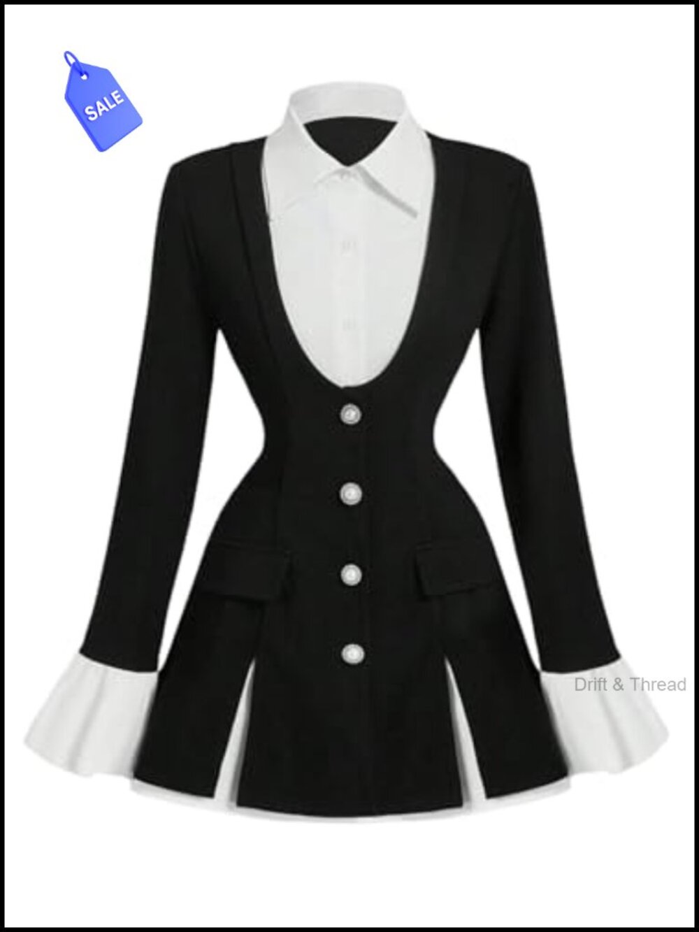 2-in-1 Ruffled Button Down Blazer Suit Jacket Bell Sleeve Fit Flare